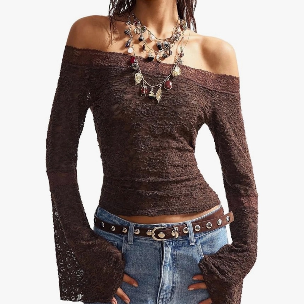Off-Shoulder Brown Lace Bell Sleeve Top